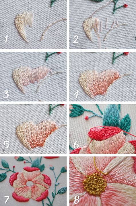 stitch along step by step Embroidery Stitch Flower, Embroidery Step By Step, Embroidery Tutorial Step By Step, Step By Step Embroidery Flowers, Hand Embroidery Tutorial Step By Step, How To Embroider A Peony, Blanket Stitch Flower Embroidery, Peonies Embroidery Pattern, Satin Stitch Flower Hand Embroidery Tutorial