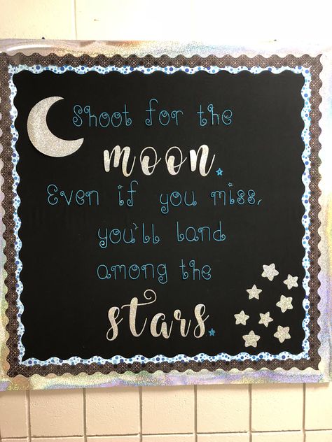 Dream Big Aim High Bulletin Board, Galaxy Bulletin Board Ideas, Galaxy Bulletin Board, Cheer Painting, School Foyer, School Counseling Bulletin Boards, Motivational Bulletin Boards, Counseling Bulletin Boards, Kindergarten Science Activities