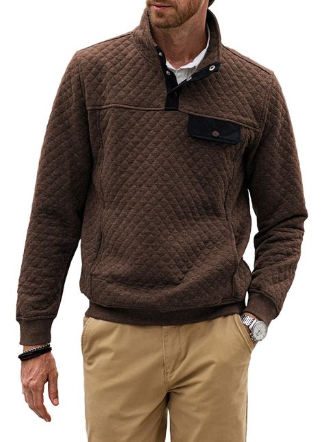 PRICES MAY VARY. Material: Men's Long Sleeve Crewneck Quilted Sweatshirt, Lightweight Warm Fabric, Great for Fall and Winter. Unique design: Long sleeve, V neck, quilted, stand collar, contrast on collar, contrast color, snap button closure. Occasion: This fashion sweater jackets will give you all go the comfy and warm feels! Great for daily, casual wear, home, work, job, school, sports, running, hang out, shopping, party, holiday, travel, fashion street look,etc. Matching: Easy to pair with boo Sweater Jackets, Patchwork Sweatshirt, Quilted Sweatshirt, Long Sleeve Pullover Sweater, Beige Sweater, Quarter Zip Pullover, Vintage Sweatshirt, Trendy Tops, Pullover Sweatshirts