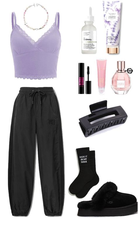 #aesthetic #outfits #cute #lavender #black Black And Lavender Outfit, Lavender And Black Outfit, Cute Home Outfits, Lavender Outfit, Pretty Preppy, Bus Graveyard, Lavender Aesthetic, Refashion Clothes, Home Outfit