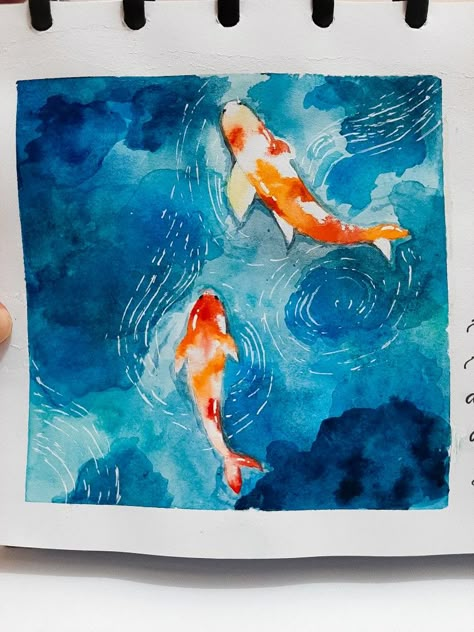 Fishes Watercolor Painting, Easy To Paint Watercolor, Koi Pond Watercolor Painting, Things To Paint In Watercolor, Aesthetic Watercolor Painting Easy, Fish Art Watercolor, Easy Beautiful Watercolor Paintings, Simple Drawing Watercolor, Sketch Ideas Watercolor