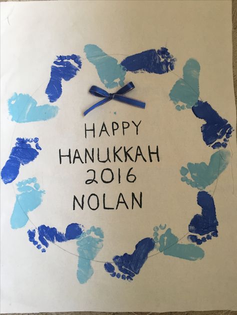 Footprints Hanukkah wreath Hannukah Crafts For Infants, Easy Hanukkah Crafts For Toddlers, Hanukkah Handprint Crafts, Hanukkah Baby Crafts, Hanukkah Crafts For Infants, Hanukkah Crafts For Toddlers, Hanukkah Crafts For Kids, Chanukah Crafts, Hannukah Crafts