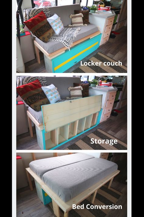 Build a couch that converts into a sofa with a locker! It's so easy! Perfect for your motorhome/rv/trailer/van Diy Couch For Camper, Diy Rv Couch, Rv Couch Bed, Diy Storage Couch, Rv Couch, Build A Couch, Couch Storage, Built In Couch, Rv Furniture