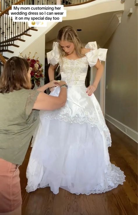 People are furious at how I altered my mom's wedding dress - I love it but haters say their jaws dropped in horror | The Sun Madonna Wedding Dress, Mom Wedding Dress Repurpose, Altered Vintage Wedding Dress, Moms Wedding Dress Redone Ideas, Baby Trying On Moms Wedding Dress, Girl In Moms Wedding Dress, Moms Wedding Dress Reuse, How To Use Moms Old Wedding Dress, Daughter Trying On Moms Wedding Dress