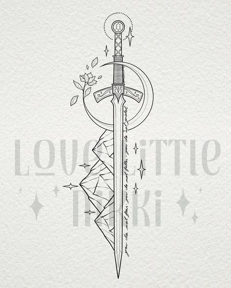 Simplistic Goldryn SJM design for the lovely Sarah 🗡️🌙 love the single kingsflame flower coming from the crescent moon! #throneofglass #acotar #crescentcity Bridge 4 Stormlight Tattoo, Simple Throne Of Glass Tattoos, Sjm Swords, Sun And Moon Swords Tattoo, Sjm Universe Tattoo, Small Throne Of Glass Tattoo, Velaris Tattoo Acotar, Nesta Tattoo Acotar, Do Not Yield Tattoo