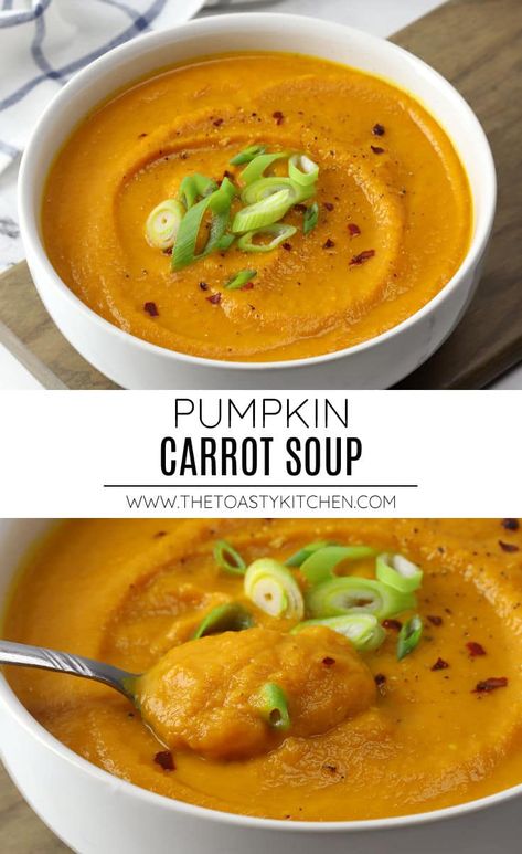 Pumpkin carrot soup recipe by The Toasty Kitchen. Pumpkin carrot soup is a savory vegan soup that's both hearty and comforting. Filled with warming spices like ginger, cumin, and turmeric, this pureed soup is just what you need on a cool fall day. #pumpkincarrotsoup #pumpkinsoup #fallsoup #vegansoup #souprecipe #pureedsoup Puree Soup Recipes, Gf Soup, Pumpkin Carrot Soup, Pumpkin And Ginger Soup, Pumpkin Soup Recipe Easy, Pumpkin Soup Healthy, Vegan Carrot Soup, Fall Pasta, Carrot Soup Recipes