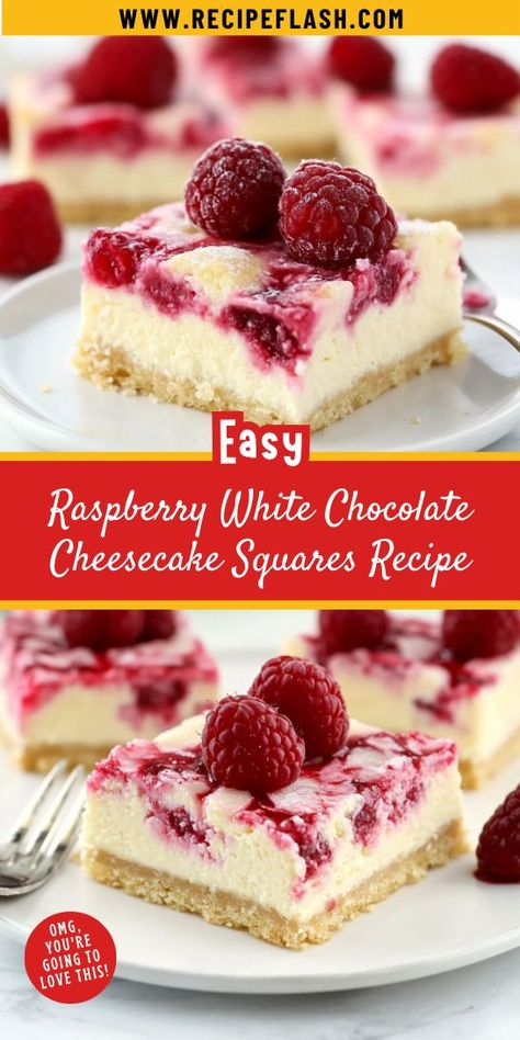 Want to elevate your dessert game with a stunning treat? The Raspberry White Chocolate Cheesecake Squares Recipe combines vibrant raspberries with velvety cheesecake for an unforgettable experience. Make sure to save this delightful recipe for easy access during your next baking adventure! Raspberry Bars With Fresh Raspberries, Strawberry Crumble Cheesecake Bars, White Chocolate Raspberry Cheesecake Bars, White Chocolate Raspberry Brownies, Raspberry White Chocolate Desserts, No Bake White Chocolate Raspberry Cheesecake, Raspberry Cheesecake Truffles, White Chocolate Raspberry Desserts, 9x13 Cheesecake Recipes