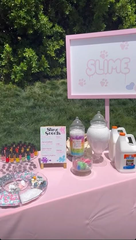 Slime Table For Birthday Party, Diy Bar For Party, Sisterhood Event Ideas, Art Class Decor, Party Rental Ideas, Birthday At Home, 6 Birthday Party, Birthday Sleepover Ideas, Slime Birthday