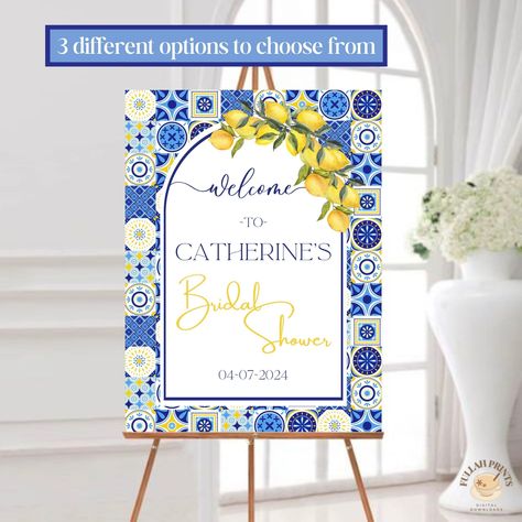 💙🍋 This PRINTABLE and EDITABLE bridal shower welcome sign features beautiful Positano blue tiles with lemons for a pop of color! It is perfect if you're looking for that Mediterranean/Italian party vibe!! This includes 3 different design options you can choose from!💙🍋 Head over to @FullahPrints on Etsy to see more! Italian Bridal Showers, Bridal Shower Sign, Shower Foam, Bridal Shower Welcome Sign, Shower Welcome Sign, Welcome Poster, Bridal Shower Signs, Shower Sign, Baby Shower Welcome Sign