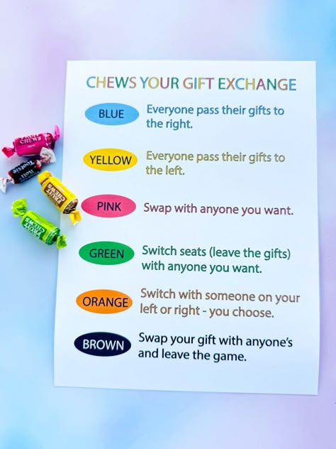 This fun chews your own gift exchange game is a new twist on gift exchanges! It's a must-try Christmas party game for this year! Chews Your Gift Exchange, Gift Exchange Games For Kids, Kid Holiday Games, Disney Party Games, 4 H Clover, Gift Exchange Game, Christmas Gift Exchange Games, Gift Exchange Ideas, Gift Games