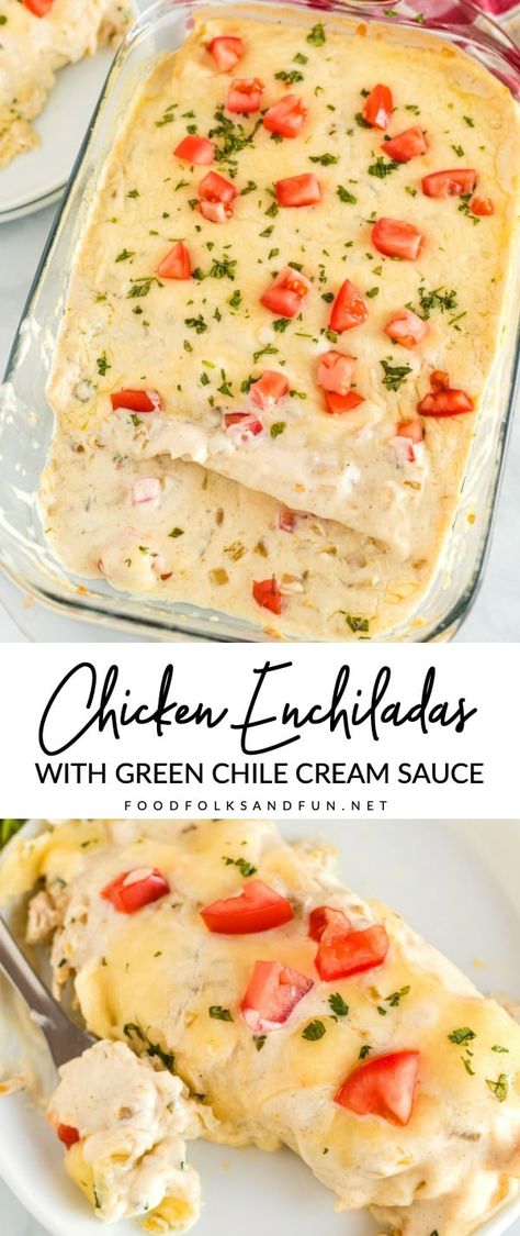 This Chicken Enchilada recipe is some serious comfort food! The enchiladas are filled with chicken, cheese, corn, and green chiles and covered with a green chile cream sauce (made without canned soup!). Enchiladas Mexicanas, Canned Soup, Cheese Corn, Enchilada Recipe, Leftover Rotisserie Chicken, Green Chiles, Chicken Enchilada Recipe, Chicken Enchilada, Enchilada Recipes