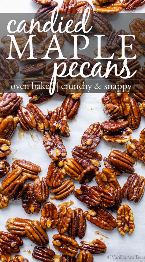 Indulge in the delightful crunch of Candied Maple Pecans, perfect for adding a touch of sweetness to your salads, pies, or cheese boards. These pecans, crafted with just two simple ingredients along with a hint of salt and pepper, are a breeze to prepare. Baked to perfection, they cool into a shiny, crunchy treat that offers a satisfying bite every time. Whether you're snacking solo or sharing with friends, these glazed pecans are sure to impress. Candied Pecan Topping, Candied Almond Slices, Maple Syrup Candied Pecans, Maple Pecan Biscotti, Maple Syrup Pecans, Maple Pecans Roasted, Roasted Nuts With Maple Syrup, Candied Pecans Maple Syrup, Candied Pecans With Maple Syrup