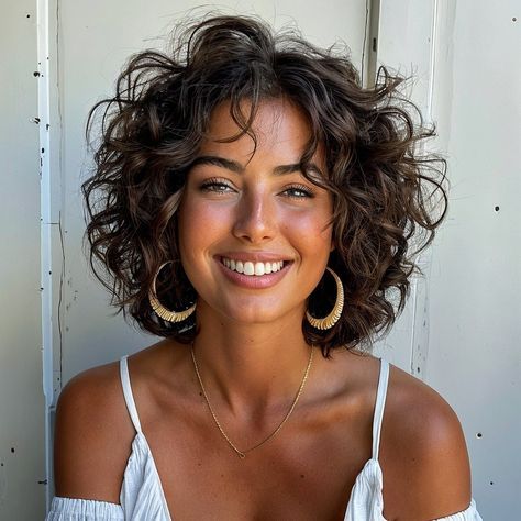 Middle Part Curly Short Hair, Haircuts For Curly Hair With Layers, Short Sassy Curly Hairstyles, Wavy Feathered Hair, Short Curly Hair Lots Of Layers, Short Curly Hair Bangs Hairstyles, Curly Feathered Hair, Round Curly Bob, Short Curly Haircuts Fine Hair