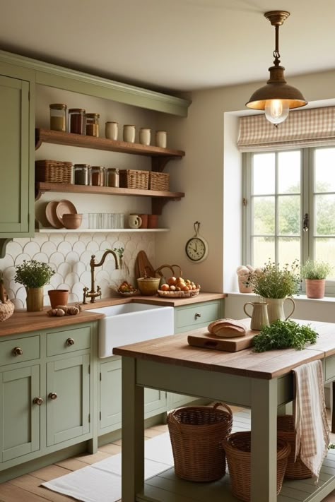 "Escape to the charm of the countryside with this rustic kitchen design. Sage green cabinets, reclaimed wood shelves, and vintage details come together to create a space that feels warm and inviting. Perfect for those who love simple, timeless living with a touch of elegance!"  #DreamKitchensDesign #CottageKitchen #RusticCharm #KitchenGoals #CountrysideLiving #VintageKitchenInspo #CozyInteriors #TimelessDesign #FarmhouseKitchen #KitchenDecorIdeas European Cottage Kitchen Design, Rustic Sage Kitchen, Painted Country Kitchen Cabinets, Earthy Cottage Home, Country Kitchen Sage Green, Rustic Retro Kitchen, Small Kitchen Sage Green, Green Small Kitchen Ideas, Cottage Core Kitchen Island