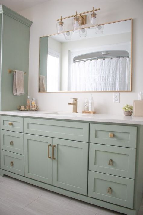 Green Bathroom Inspiration. #green #bathroom #tiles #decor #idea Mint Vanity Bathroom, Green Bathroom Vanity Brass Hardware, Mint And Gold Bathroom, Beige Painted Cabinets Bathroom, Guest Bathroom Sage Green, Mint Green Bathroom Cabinets, Sea Foam Green Bathroom Vanity, Seafoam Green Cabinets, Mint Bathroom Vanity