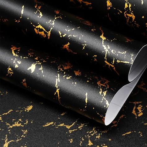 FunStick 24"x200" Modern Black and Gold Wallpaper Peel and Stick Wallpaper Removable Black Marble Contact Paper for Countertops Cabinets Waterproof Black Wallpaper Roll for Bedroom Bathroom Walls Desk Laminate Countertop Sheets, Gold Contact Paper, Black And Gold Wallpaper, Marble Contact Paper, Gold Marble Wallpaper, Black Countertops, Black And Gold Marble, Bathroom Walls, Black Kitchen Cabinets