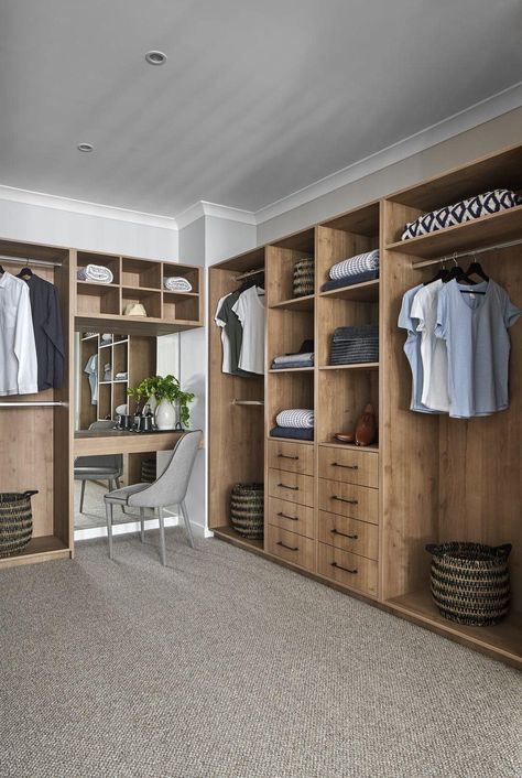 decorate walk in robe with oak joinery and built in desk area Walk In Robe Designs, Walk In Robe Ideas, Small Walk In Wardrobe, Built In Desk And Shelves, Metricon Homes, A Walk In Closet, Modern Home Interior, Dressing Room Closet, Walking Closet