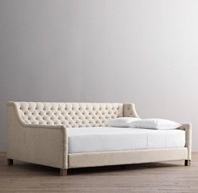 The proportions are strange but I like the concept (I think?)  full size daybed… Queen Daybed, Tufted Daybed, Daybed Couch, Daybed Room, Full Size Daybed, Restoration Hardware Baby, Basement Inspiration, Bunk Beds With Stairs, Space Bedding