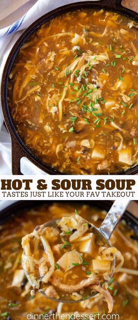 Hot and Sour Soup is the PERFECT combo of spicy and savory, made with pork, mushrooms, bamboo shoots, tofu, and eggs in a savory seasoned broth with soy sauce and vinegar. #chinese #chinesefood #takeout #soup #dinner #recipe #authentic #restaurantstyle #dinnerthendessert Hot Spicy Soup, Tofu And Eggs, Sweet And Sour Soup, Jamur Kancing, Asian Soup Recipes, Mapo Tofu, Hot And Sour Soup, Sour Soup, Asian Soup