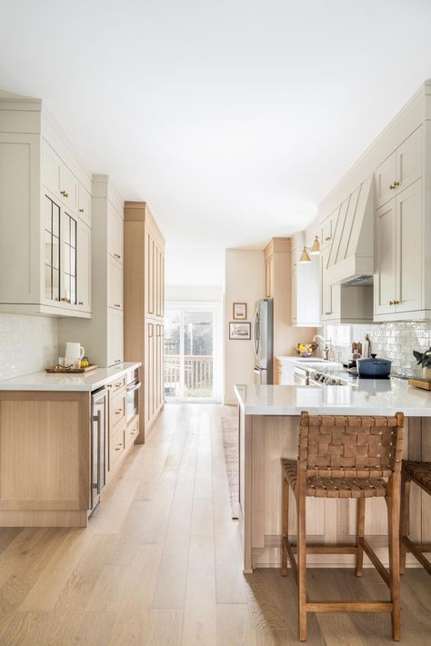 Extra Wide Galley Kitchen, Two Tone Coastal Kitchen Cabinets, White Shaker Galley Kitchen, White Kitchen Cabinets Galley, White And Wood Galley Kitchen, Kitchen With Blonde Cabinets, Narrow Space Kitchen Ideas, Beautiful Galley Kitchen Ideas, Scandinavian Galley Kitchen Design