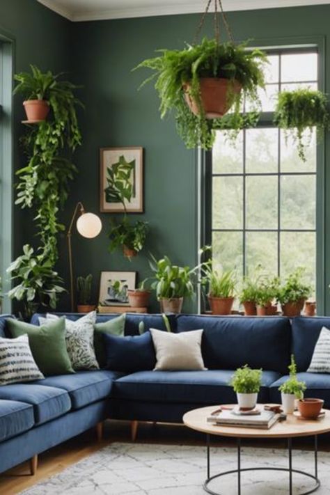 Cozy living room with a blue sectional sofa, numerous potted plants, and large windows providing natural light. Blue Green Living Room Walls, Navy Couch Green Walls, Dark Blue And Green Living Room, Slate Blue Living Room Walls, Sage Green And Navy Living Room, Hale Navy Living Room, Blue Paint Colors For Living Room, Navy Couch Living Room Color Schemes, Livingroom Paint Color