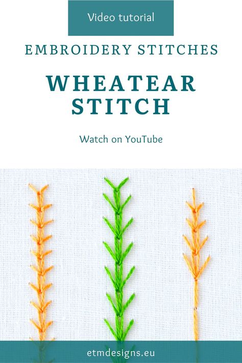 A Wheatear stitch is a variation of chain stitch. This simple stitch is excellent for borders and decorating the seams. It works well on straight and curved lines. Also, wheatear stitch is widely used in floral embroideries for its shape that resembles wheat. Click to watch a video tutorial now or pin for later! Wheatear Stitch Embroidery Design, Embroidery Video, Stitch Embroidery Design, Simple Stitch, Hand Embroidery Videos, Hand Embroidery Tutorial, Embroidery Videos, Hand Embroidery Projects, Curved Lines