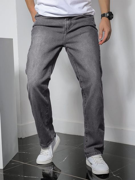 Grey    Denim Plain Slim  Non-Stretch  Men Denim Grey Jeans Outfit Men Streetwear, Gray Jeans Outfit Men, Grey Jeans Outfit Men, Gray Jeans Men, Boy Closet, Outfit Cowo, Grey Jeans Outfit, Grey Pants Men, Gray Denim Pants