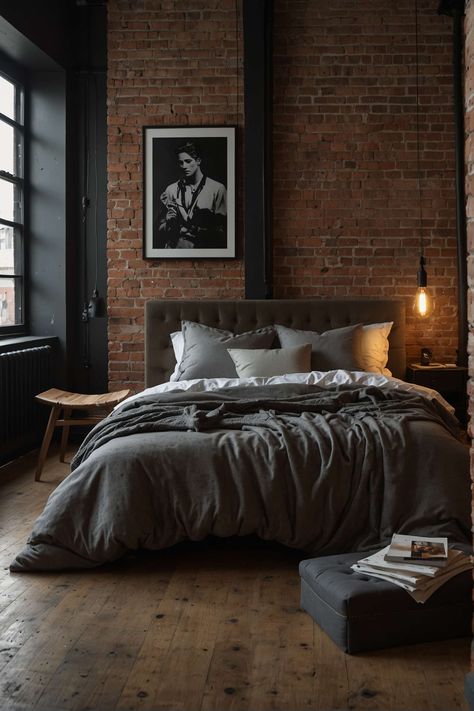 urban industrial bedroom ideas with exposed brick walls warmth 1 Cozy Industrial Decor, Urban Industrial Bedroom, Industrial Bedroom Ideas, Rustic Industrial Bedroom, Industrial Cabin, Vintage Industrial Interior, Boho Dining Chairs, Industrial Decor Bedroom, Man Bedroom