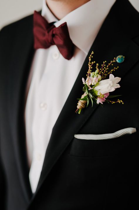 burgundy bow tie and sweet pink floral boutonniere - photo by Kai Heeringa Photography White Tuxedo Wedding, Romantic Wedding Ideas, Modern Romantic Wedding, Flower Boutonniere, Groom Wedding Attire, Marsala Wedding, Maroon Wedding, Tuxedo Wedding, Groomsmen Attire