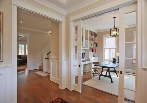 Pocket French doors Home Office Door Ideas, Home Office With French Doors, Pocket French Doors, French Doors Office, Home Office Traditional, Office French Doors, French Pocket Doors, Office With French Doors, Home Office Doors