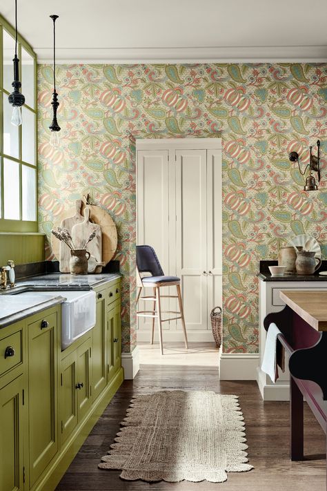 Kitchen wallpaper ideas: 16 beautiful designs to update your space | Real Homes Kitchen Wallpaper Design, Galley Kitchen Design, Soho Farmhouse, Bar Design Awards, Galley Kitchens, Paisley Wallpaper, Baroque Design, Galley Kitchen, Contemporary Wallpaper