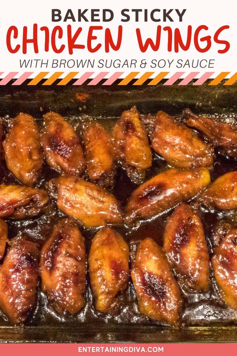 Baked Sticky Chinese Chicken Wings With Brown Sugar & Soy Sauce Chicken Wings With Soy Sauce, Sticky Chinese Chicken Wings, Soy Sauce Wings Oven Baked, Braised Chicken Wings Chinese, Honey Soy Wings, Recipes Using Soy Sauce, Sweet And Sticky Chicken Wings, Chinese Sticky Wings, Crispy Crockpot Chicken Wings