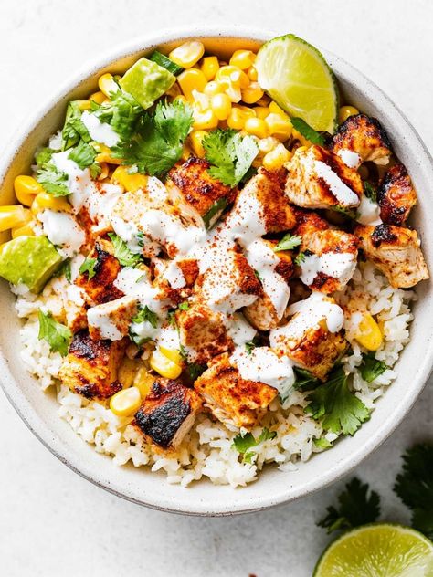 Street Corn Chicken Rice Bowl Rumbi Rice Bowl Copycat, Mexican Street Corn Chicken And Rice Bowl, Mexican Street Corn Chicken Bowl, Grilled Chicken Rice Bowl, Street Corn Chicken Bowl, Chicken Rice Bowls Mexican, Chicken And Corn Recipes, Street Corn Chicken Rice Bowl, Fried Rice Bowl