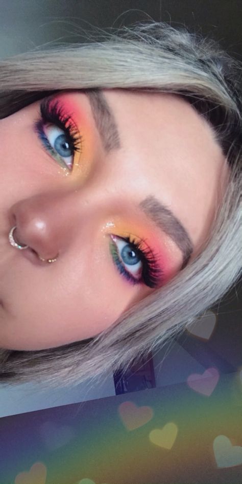 Simple Pride Make Up Looks, Simple Rainbow Eyeshadow, Pride Themed Makeup, Pride Rhinestone Makeup, Pride Makeup Hooded Eyes, Easy Pride Makeup Ideas, Rainbow Costume Women, Pride Makeup Simple, Pan Pride Makeup