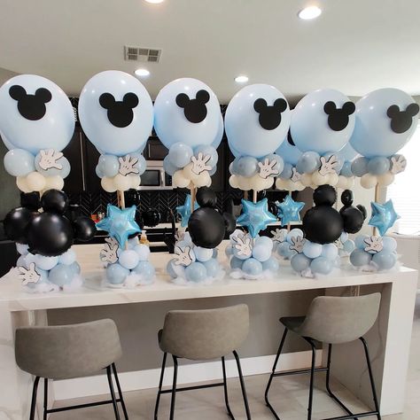 Mickey, but make it dreamy ☁️☁️☁️ Centerpieces are ready for this weekend. #mickey #mickeyballoons #mickeycentwrpiecea #mickeyparty… | Instagram Vintage Mickey Mouse Party Decorations, Mickey Mouse Baby Shower Centerpieces, 2 Nd Birthday Decoration Ideas Boy, Baby Boy 1st Bday Themes, Baby Mickey Mouse Baby Shower Ideas, Disneyland 1st Birthday Boy, Disneyland Centerpieces Birthday, Mickey Mouse Baby Shower Ideas For Boys, Disneyland Party Centerpieces