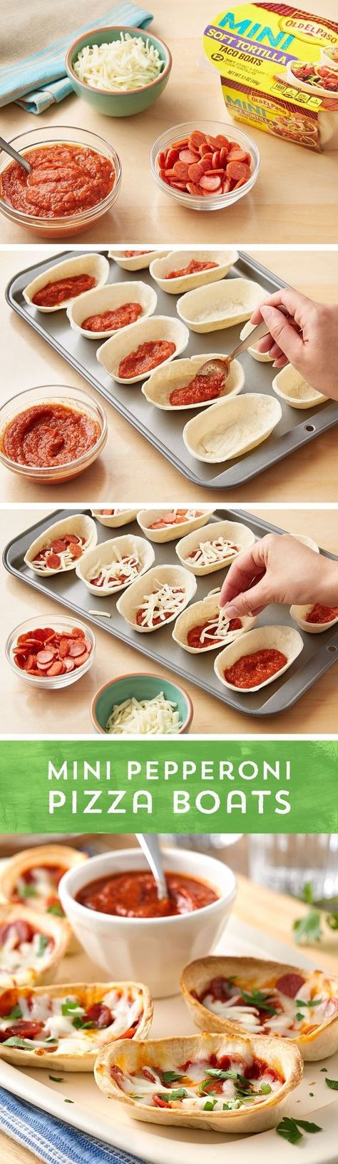 Mini Pepperoni Pizza Boats Pizza Boat, Pizza Boats, Taco Boats, Mini Taco, Party Pizza, Pizza Snacks, Fingerfood Party, Mini Pizzas, Perfect Pizza