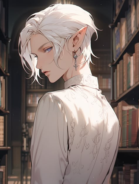 Pale Elf Male, White Haired Oc Male, White Hair Oc Art, Male Elf Character Art, Fairy Boy Art, Elf Oc Character Design, White Hair Elf Male, Dnd Elf Male, Elf Boy Art