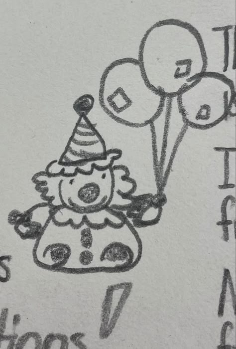 A little clown with fluffy hair, a striped hat, a collared outfit, and holding balloons in his left hand. Lil Clown Drawing, Hallowen Draws Easy, Cute Clown Doodle, Little Character Doodles, Goofy Things To Draw, How To Draw A Clown, Little Guy Doodle, Little Guy Drawing, Silly Guy Doodles