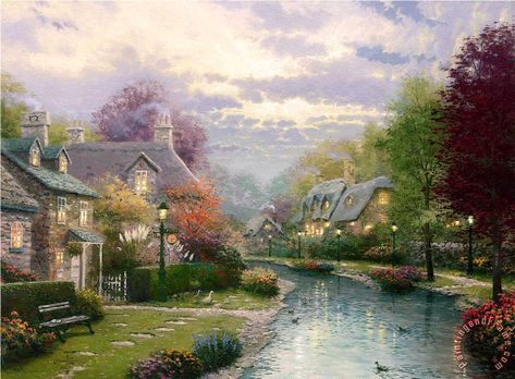 Lamplight Brooke Painting by Thomas Kinkade Thomas Kinkade Cottage, Thomas Kinkade Art, Thomas Kinkade Paintings, Thomas Kincaid, Kinkade Paintings, Art Thomas, Hand Painted Wall Art, Cottage Art, Traditional Landscape