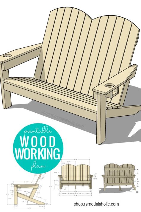 Build your own comfortable outdoor lounge chair for two! This DIY Adirondack bench double chair features cupholders, a nice wide seat, and a comfortable reclined back for lounging the in the backyard, around the fire, on the porch or patio. Built from durable cedar wood to last for many years. Get the Adirondack bench plans at Remodelaholic. Outdoor Furniture Woodworking Plans, Kids Adirondack Chair, Fire Pit Pergola, Outdoor Woodworking Plans, Chair Woodworking Plans, Adirondack Chair Plans, Diy Bench Outdoor, Herringbone Wood, Woodworking Bench Plans