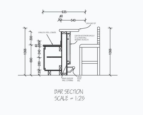 Bar Section, Furniture Details Drawing, Bistro Interior, Bar Counter Design, Bar Flooring, Restaurant Plan, Millwork Details, Bar Plans, Section Drawing