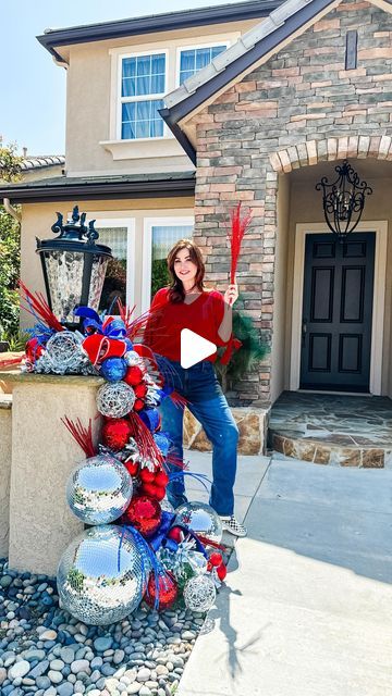 Jeanna Crawford on Instagram: "We’re having a ball on the 4th of July ❤️🪩💙  Who says garland is only for Christmas? Using it as a base gives you flexibility, flow - and something to hold all your gorgeous 4th of July firework picks for porch decor that’s a literal blast!  Who’s porch needs this 4th of July mirror ball garland moment?!   Do you love decorating for the holidays? Join me and the Christmasers at @jeannaloveschristmas for all the inspo - and even more glitter!  #4thofjuly #redwhiteandblue  #decoratewithme #craftwithme #diywithme #patrioticdecor #4thofjulydecor" Fouth Of July Crafts, Entertaining Decor, Mirror Ball, Black Tree, July Crafts, Patriotic Decorations, Porch Decorating, Fireworks, Fourth Of July