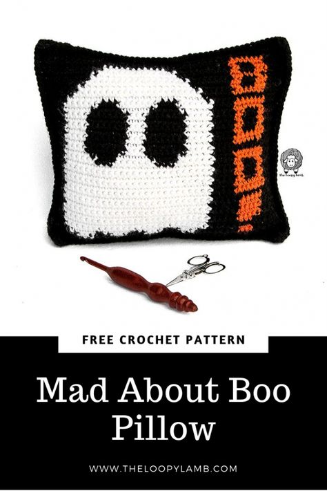 Crochet Halloween Pillow, Cryptid Crochet, Boo Crochet, Halloween Knit, Crocheted Pillow, Boo Pillow, Intarsia Crochet, Crochet Autumn, Crochet Pour Halloween