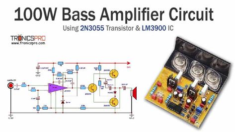 Bass Amplifier Circuit Diagram using 2N3055 & LM3900 – 100W Single Supply 3055 Amplifier Circuit, Amplifier Circuit Diagram, Lm3886 Amplifier Circuit, Tda7265 Amplifier Circuit, 2sc5200 2sa1943 Amplifier Circuit, Circuit Board Design, Tda 7297 Amplifier Circuit, Radio Design, Electronic Circuit