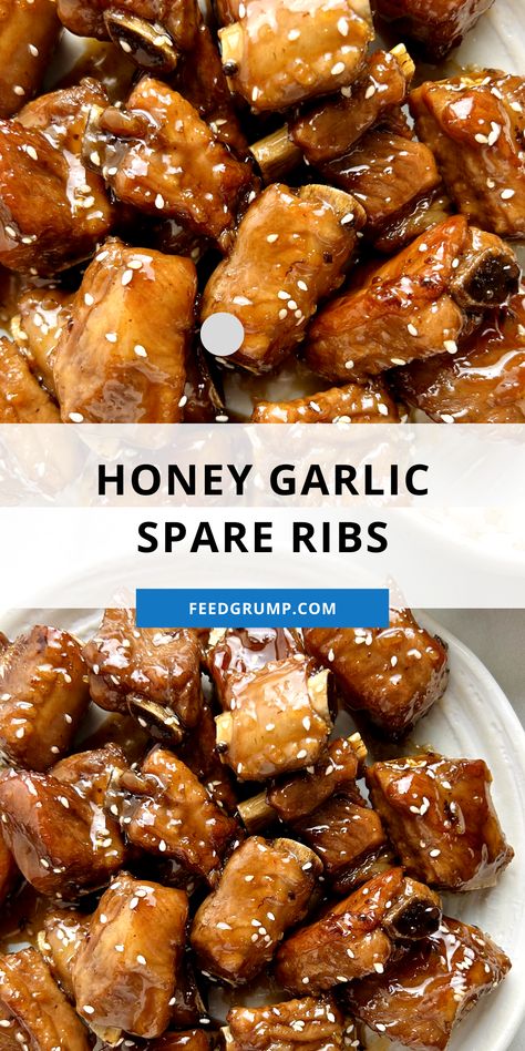 honey garlic spare ribs Garlic Pork Ribs Recipe, Honey Garlic Rib Sauce, Honey Garlic Short Ribs, Boneless Spareribs, Honey Garlic Spare Ribs, Garlic Spare Ribs, Chinese Spare Ribs, Garlic Ribs, Pork Short Ribs