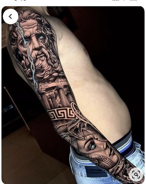 Versace Tattoo Men, Ilia Topuria Tattoo, Versace Tattoo, Mens Full Sleeve Tattoo, Baby Owl Tattoos, Calf Tattoo Men, Greek God Tattoo, Chicanas Tattoo, Poseidon Tattoo