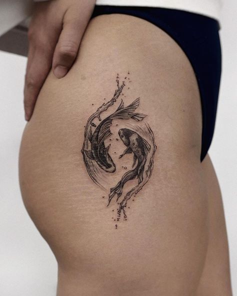 Pisces tattoo with two koi fish swimming. Black and grey, detailed, fineline, microrealism tattoo. Small Pisces Tattoos, Koi Fish Pisces, Tattoos For Black Women, Koi Fish Drawing Tattoo, Coy Fish Tattoos, Two Koi Fish, Goldfish Tattoo, Pisces Tattoo Designs, Koi Fish Swimming