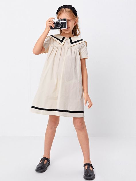 Beige Preppy  Short Sleeve Cotton Striped Smock Embellished Non-Stretch Summer Girls Clothing Preppy Kids Outfits, Girls Sailor Dress, Girls Smocked Dresses, Retro Looks, Sailor Fashion, Sailor Dress, Sailor Collar, Wedding Dresses For Girls, Dresses Kids Girl