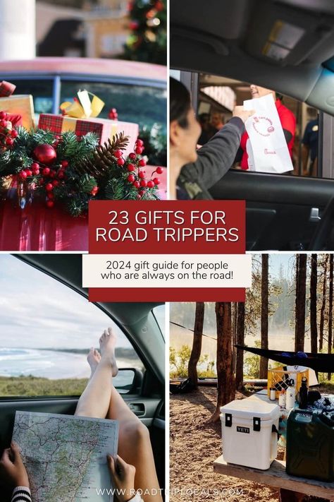 23 Gift Ideas Road Trippers Will Love (2024 Gift Guide) — Road Trip Locals Road Trip Gift Basket Ideas, Road Trip Basket, Road Trip Gift Basket, Road Trip Prep, Husband Stocking Stuffers, Travel Gift Basket, Road Trip Gifts, Road Trip Kit, Coffee Gifts Card