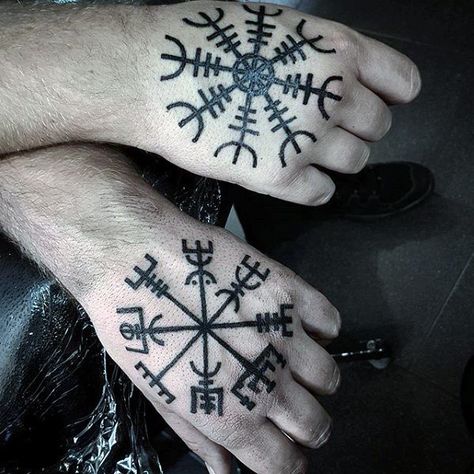 Mens Viking Runic Compass Black Ink Hand Tattoos Viking Hand Tattoo, Compass Tattoo Ideas, Runes Tattoo, Vegvisir Tattoo, Viking Compass Tattoo, Viking Rune Tattoo, Scandinavian Tattoo, Runic Compass, Helm Of Awe